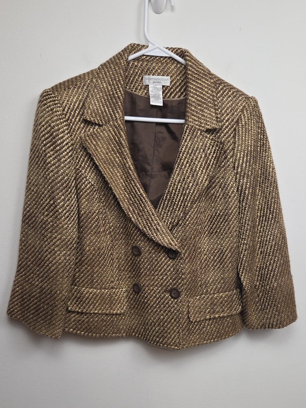 NWT Vintage Double-Breasted Chocolate Brown & Gold Tweed Blazer Suit Jacket 12